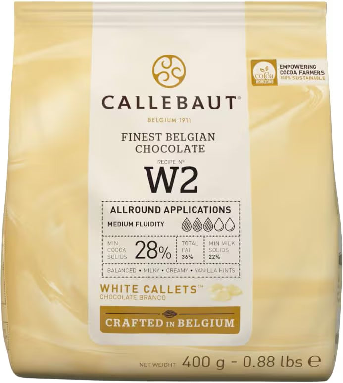 Callebaut W2 Finest Belgian white chocolate callets in the cream bag — the real white chocolate Lady Baker bakes with