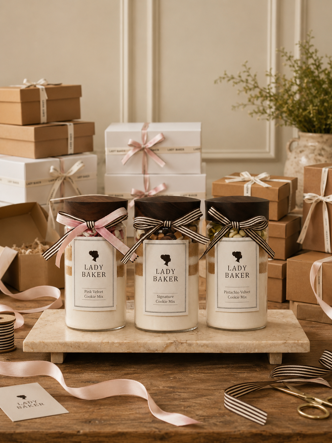 Lady Baker handmade baking mix jars displayed with gift boxes — baking gifts collection