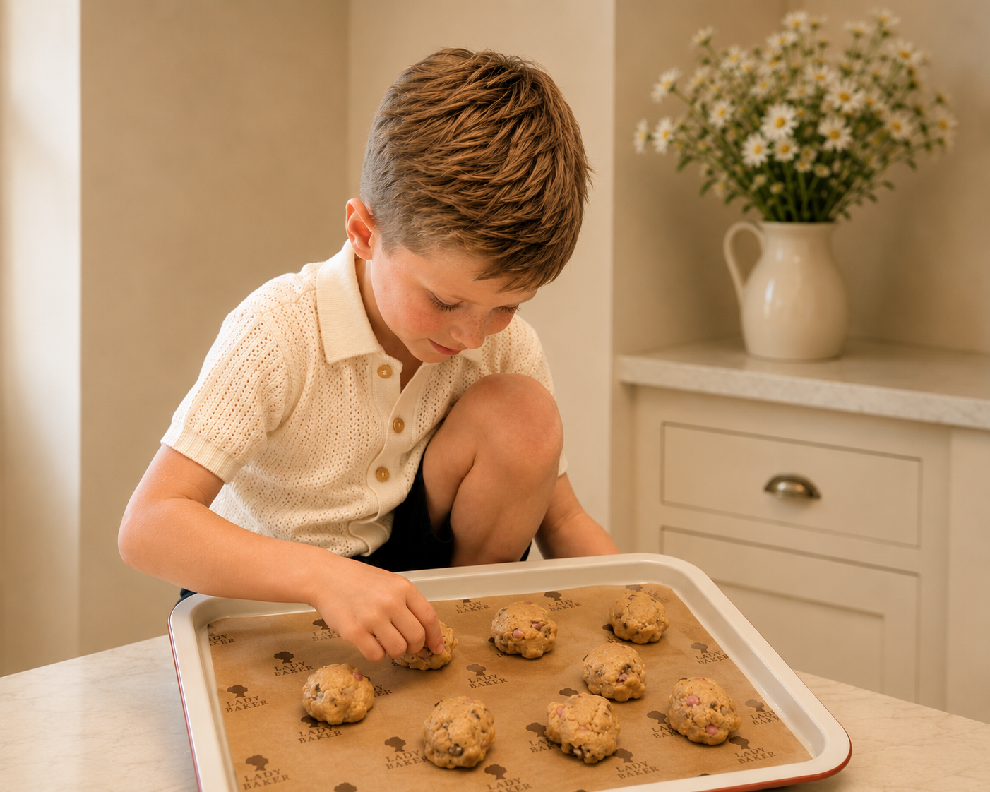 Child baking cookies in a warm kitchen — kids baking sets collection