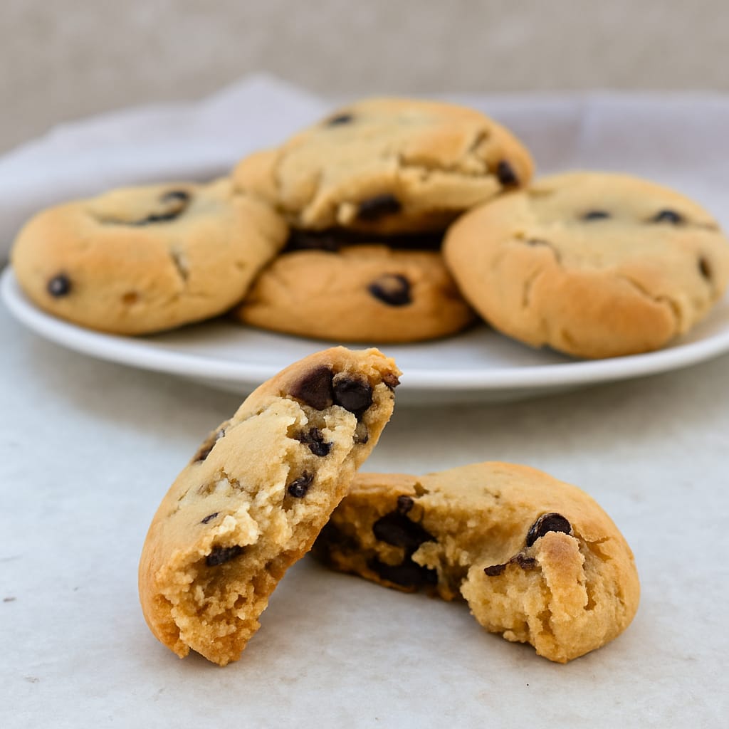 Chocolate chip cookies made from Lady Baker Signature Cookie Mix, with one cookie broken in half