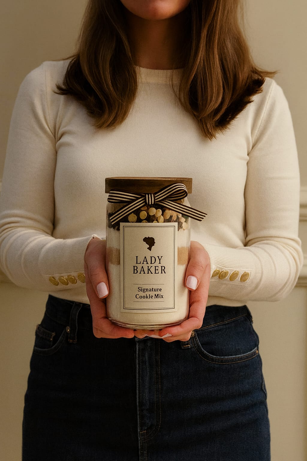 Signature Cookie Mix jar held in hands - Lady Baker baking jar gift.