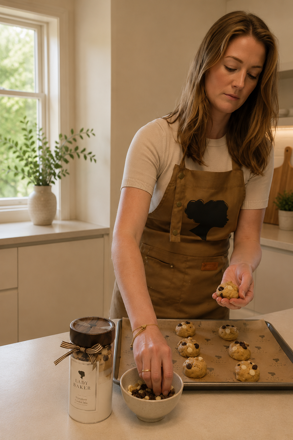 Woman in a kitchen preparing food, wearing an apron.
