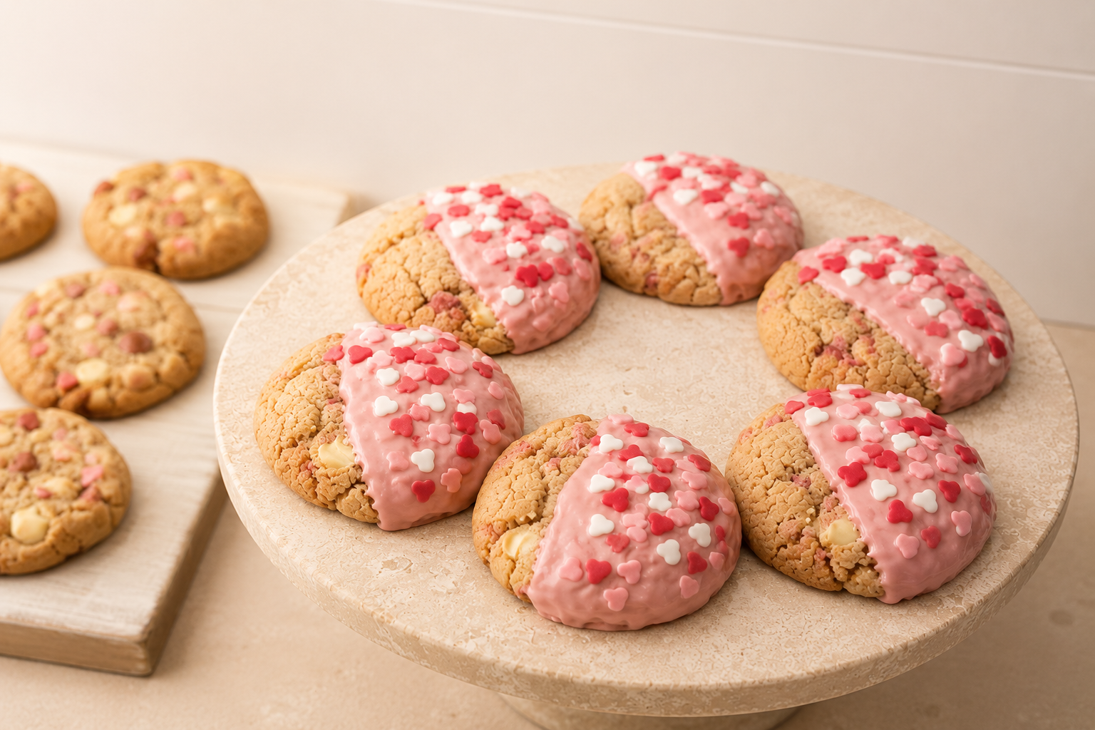 Decorative cookies with pink icing and heart shapes on a stone platter.
