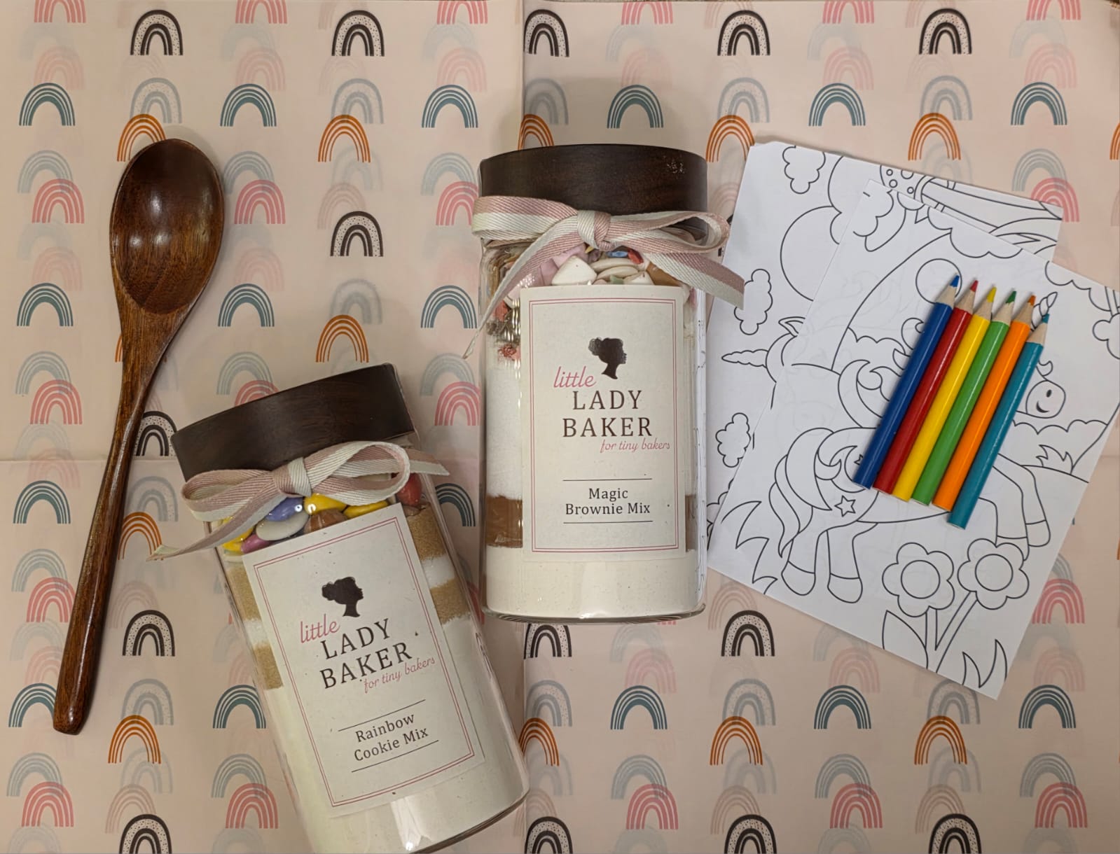 Kids Baking Gift Box – Cookie & Brownie Mix, Colouring Activity, Wooden Spoon