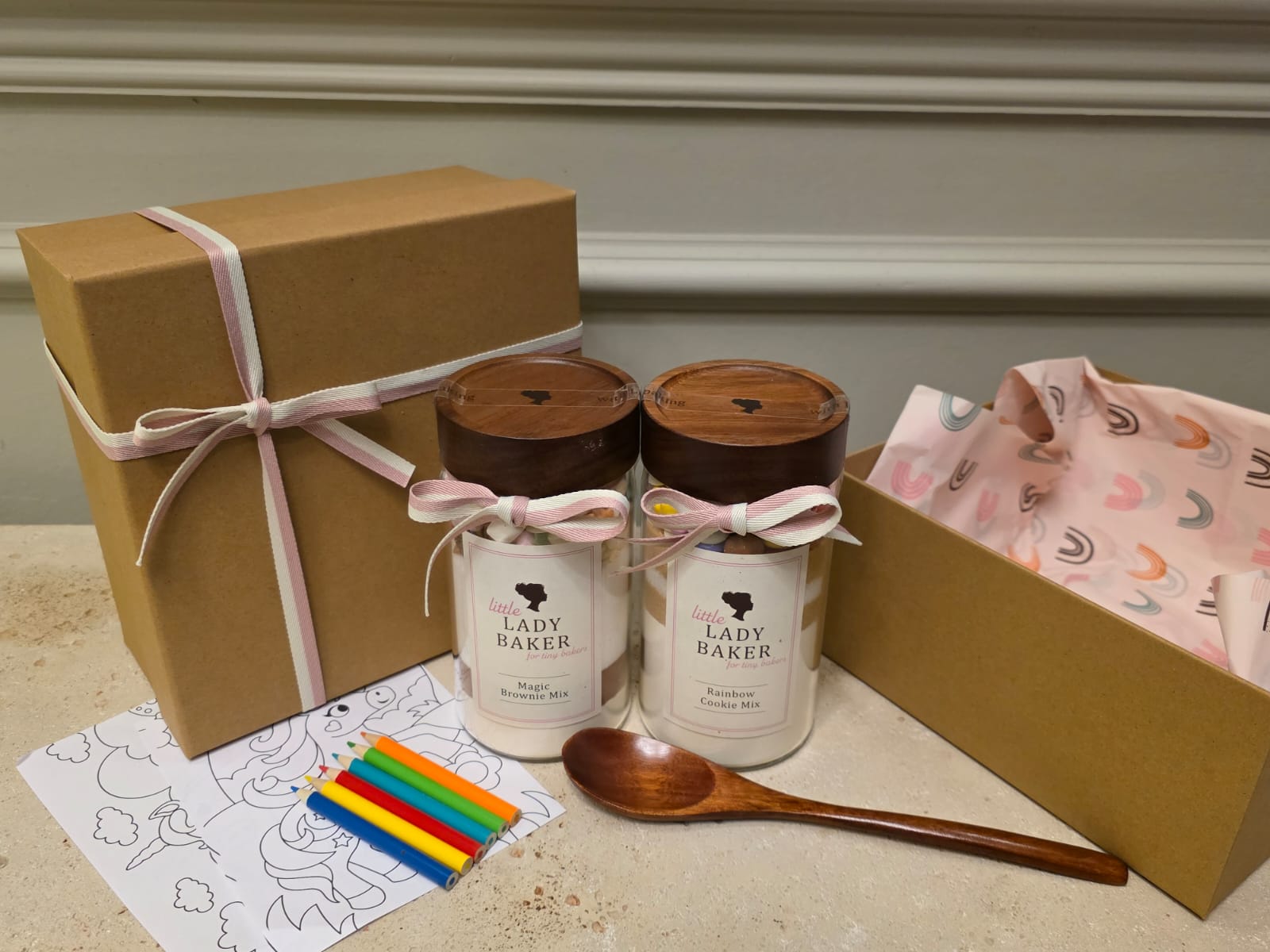 Kids Baking Gift Box – Cookie & Brownie Mix, Colouring Activity, Wooden Spoon